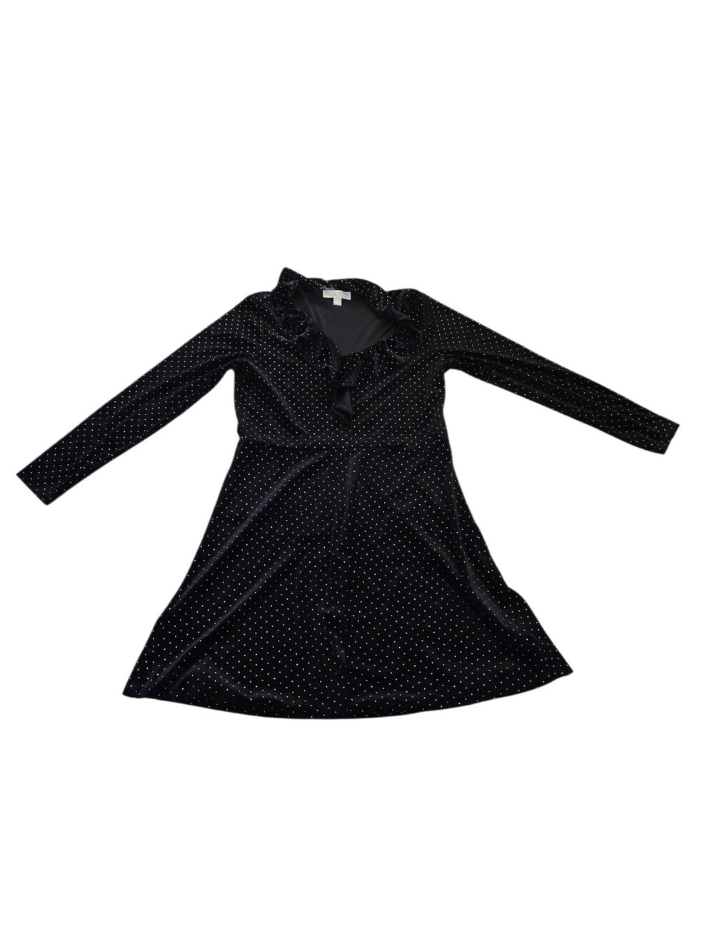 Michael Kors black w/gold metal dots & ruffles long sleeve A-line dress, L. EUC.